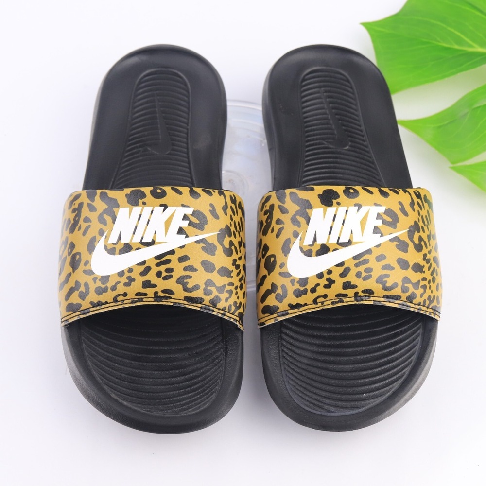 Nike Womens Victori One Print Slide Sandal Size 9 Black Yellow Cheetah Shoe Flat